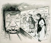Een politieke cartoon van de slechte dienst van de Interborough Rapid Transit in 1905, van de New York Herald.