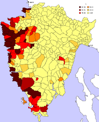 Deze kaart toont de percentages Italianen in de gemeenten van Istrië in 1910, gebaseerd op de Oostenrijks-Hongaarse volkstelling. In 43 gebieden maakten de Italianen meer dan 70% van de bevolking uit.  