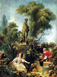 Rokokový obraz francouzského malíře Fragonarda. Rokokové umění bylo ve své podstatě propracované, hravé, plné jemných barev a často vtipné.