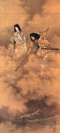 天瓊を以て滄海を探るの図. Obraz Eitaku Kobayashi (okres Meiji). Izanagi z włócznią Amenonuhoko po prawej, Izanami po lewej.