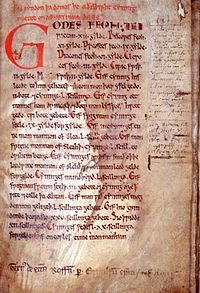 Página de abertura da lei do século VII de Æthelberht
