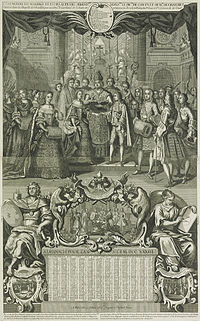 Rycina przedstawiająca ślub księcia Conti i Mademoiselle de Chartres w Wersalu, 1732 r.