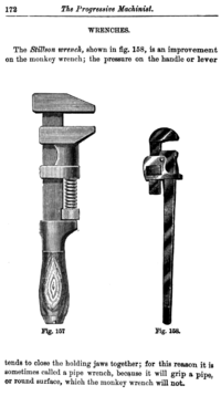 Monkey atslēga (pa kreisi) salīdzinājumā ar Stillson vai cauruļu atslēgu (pa labi)