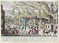 Ilustrace požáru, který zničil velkou část města, od neznámého autora z roku 1776.
