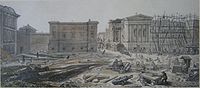 Een tekening van het Museum in aanbouw in 1828  