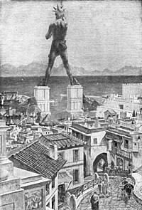 Questo disegno del Colosso di Rodi, che illustrava il The Grolier Society's 1911 Book of Knowledge, è probabilmente fantasioso, poiché è improbabile che la statua stesse a cavallo della bocca del porto.