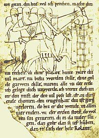 Roland storms the temple of Mahomet. Illustration from the Heidelberg manuscript of the Middle High German adaptation (Cod. Pal. germ. 112, P, fol. 57v), end of 12th century.