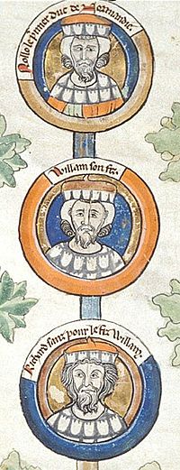 De tre första "hertigarna" eller grevarna var Rollo av Normandie, Vilhelm I av Normandie och Richard I av Normandie.  