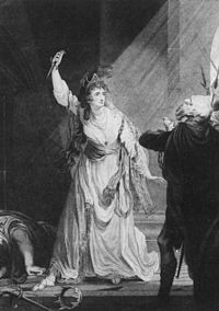Sarah Siddons als Euphrasia in Arthur Murphy's The Grecian Daughter, in het Theatre Royal, Drury Lane, in 1782.  