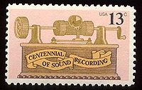 一枚纪念录音一百年的美国邮票。