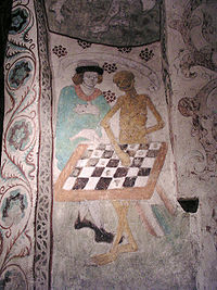 Średniowieczny obraz przedstawiający Śmierć grającą w szachy z kościoła w Täby w Szwecji