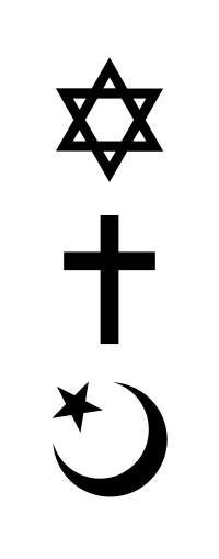 Symbolen van de drie grootste Abrahamitische godsdiensten: de joodse davidster, het christelijke kruis en de ster en de halve maan die worden gebruikt om de islam voor te stellen.
