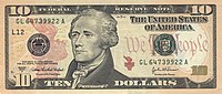 Hamilton Yhdysvaltain 10 dollarin setelissä  