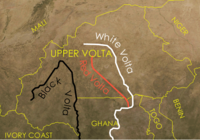 Kartta, jossa näkyy Voltajoki Ylä-Voltassa.  