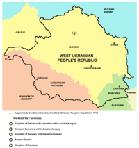 Zakarpatí (oranžová barva) jako součást území, na které si činila nárok Západoukrajinská lidová republika (1918).