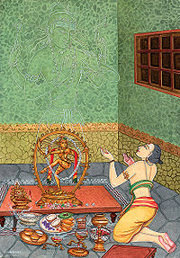 In het hindoeïsme kijkt een toegewijde in en voorbij het bronzen Siva-beeld om God aan te roepen in zijn spirituele lichaam van licht.  