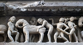 Zoophilia, relief depiction at the Lakshmana temple (India)