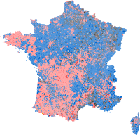 Ranskan presidentinvaalien 1. kierroksen tulokset kunnittain, 2012.   François Hollande   Nicolas Sarkozy   Marine Le Pen   Jean-Luc Mélenchon   François Bayrou   Eva Joly   Nicolas Dupont-Aignan   Tie  