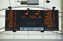 Scoreboard for a volleyball match in the Gerry Weber Stadium (more detailed explanation on the picture description page)