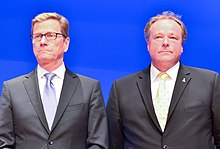 Guido Westerwelle (l.) and Dirk Niebel (r.) at the election party of the federal FDP in the Berlin Congress Center for the 2013 Bundestag elections.