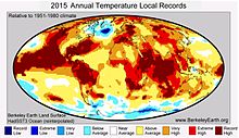 Plaatsen die in 2015 warmer (Rood) en koeler (Blauw) waren dan het vorige gemiddelde.