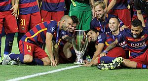 FC Barcelona je jediným evropským mužským týmem v historii fotbalu, který dokázal dvakrát vyhrát kontinentální treble, a to v letech 2008-09 a 2014-15 (na snímku).  