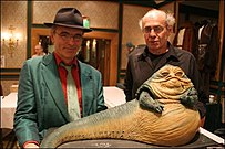 Toby Philpott (puppeteer) and John Coppinger (sculptor) in front of a model of Jabba the Hutt, 2007
