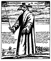 "Doktor de Roma" Obras de arte de Paulus Fürst 1656. Com essas roupas, os médicos em Roma queriam se proteger da Peste Negra (em Roma, 1656).