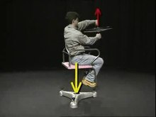Play media file Demonstration experiment on conservation of angular momentum (video, 18 s). When the person applies a torque, the angular momentum of the wheel changes its direction to vertical (red arrow). According to the principle of actio equals reactio, the reaction torque gives the swivel chair an opposite angular momentum (yellow arrow). The vertical angular momentum of zero remains the same.