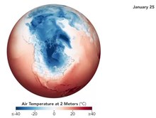 Play media file Graphical animation of the North Polar Vortex and Arctic Oscillation between Jan. 24 and 29, 2019: The expansion and protrusion leads to very cold temperatures as far north as the middle of North America