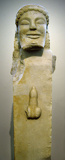 Een Herm zat de palaestra voor. Wrijven over zijn fallus zou geluk brengen. (Marmer; ca. 520 v. Chr.; 66 cm (25 ¾ in.); Nationaal Archeologisch Museum, Athene)  