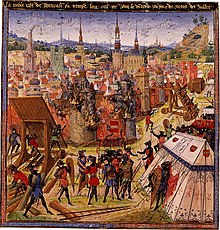 The capture of Jerusalem 1099. late medieval book illustration.