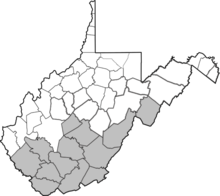 grey: counties of West Virginia that were still held by the Confederates in February 1863
