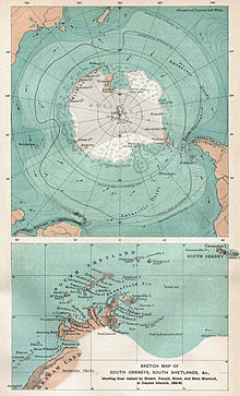 モレルの70年後の南極地理学の限られた知識を示す1894年の南極地域の地図。下の地図はロスの出現を示していますが、新南グリーンランドは示していません。