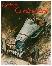 The winners Rudolf Caracciola with co-driver in the Mercedes Type S at the opening race on 19 June 1927; Cover by Theo Matejko for the magazine Echo Continental