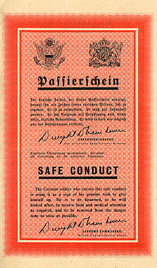 Allied pass guaranteeing German troops good treatment if they surrendered