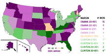Votação popular Estado por Estado nas primárias e caucuses democratas, sombreada por porcentagem ganha: Obama em púrpura, Clinton em verde. (Os vencedores dos votos populares e os vencedores dos delegados diferiram em New Hampshire, Nevada, Missouri, Texas e Guam).