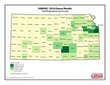 Mapa ludności Kansas, z gęsto zaludnionymi obszarami w kolorze ciemnozielonym