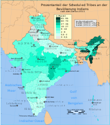 2011: Shares of the 705 Scheduled Tribes in the populations of the 29 states ­and 7 Union Territories ­in India. highest percentage: 85-95 low percentage: 2-9 % 08.6 % of the total population86 .1 % of the inhabitants of Meghalaya 55.2 % are Khasi (48 % of the inhabitants) 32.1 % are Garo (28 % of the inhabitants)