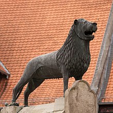 The Braunschweig Lion, symbol of the city since the High Middle Ages. It stands on the Burgplatz.