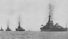 A division of the 2nd Battleship Squadron of the Grand Fleet: King George V followed by Thunderer, Monarch and Conqueror.