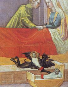 The devil exchanges a baby for a changeling. Early 15th century, excerpt from the Legend of St. Stephen by Martino di Bartolomeo.