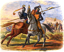 Robert the Bruce kills Henry Bohun in a duel. Historicizing depiction from 1864
