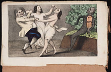 Een mormoon en zijn vrouwen, dansend op de duivelse melodie ,illustratie uit 1850