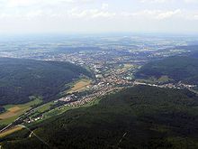 Aerial view of the city district Unterkochen (partly obscured in the background the core city) with well recognizable Aalen Bay (in the back)
