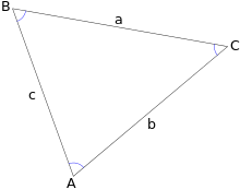 Um triângulo etiquetado com as letras necessárias para esta explicação. A, B e C são os ângulos. a é o lado oposto A . b é o lado oposto B . c é o lado oposto C