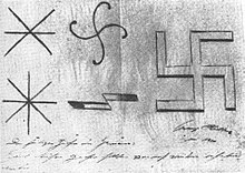 Swastika sketch of Hitler from 1920 with the note: "The sacred signs of the Teutons. One of these signs should be raised again by us."