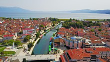 Aerial view of Struga, Lake Ohrid and Black Drin