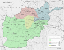 Territorial control of Afghanistan in winter 1996: Massoud (blue), Taliban (green), Dostum (pink), Hezb-i Wahdat (yellow)