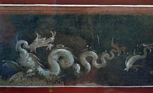 Verloren in het vuur: een fresco uit de tempel van Isis in Pompeii, voorstellende een zeedraak en een dolfijn, 1e eeuw n.Chr.  